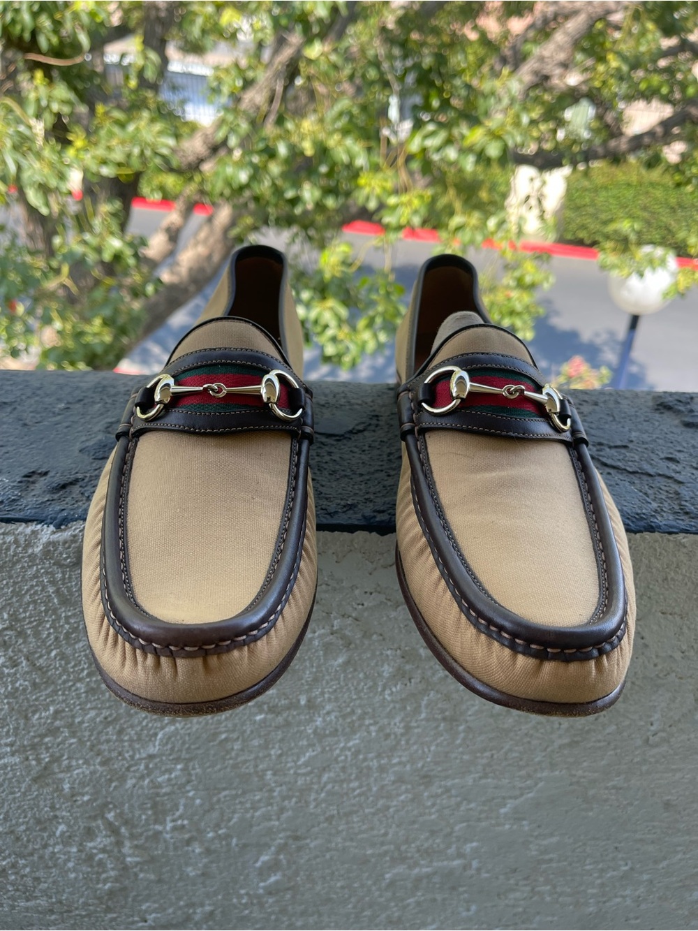 Gucci Beige Canvas and Brown Leather Horsebit Loafers with Red-Green Web